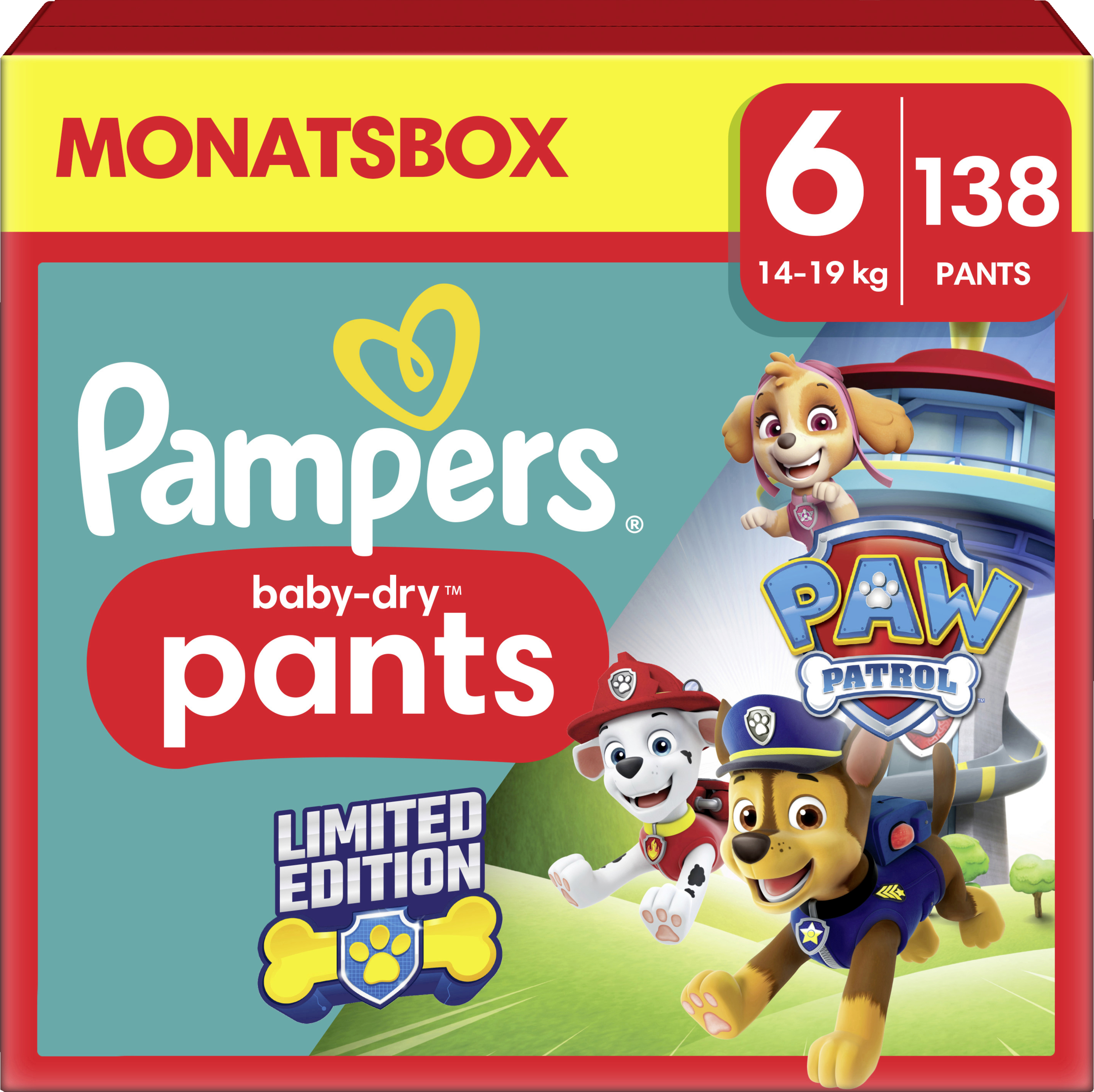 Pampers Baby Dry Nappy Pants Paw Patrol str. 6 (14-19 kg) månedsboks