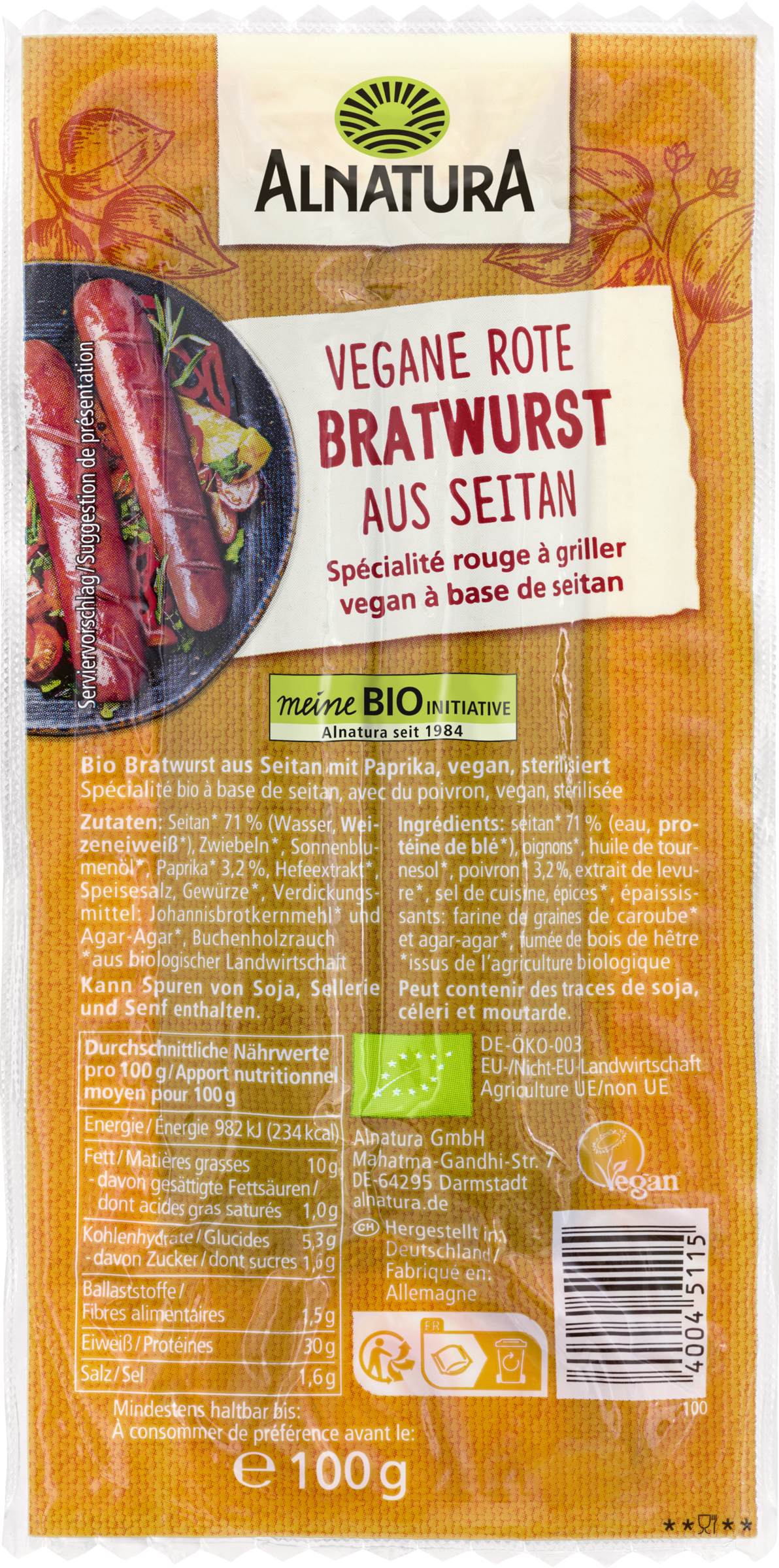 Alnatura Økologisk, rød stegepølse fra Seitan (langtidsholdbar)