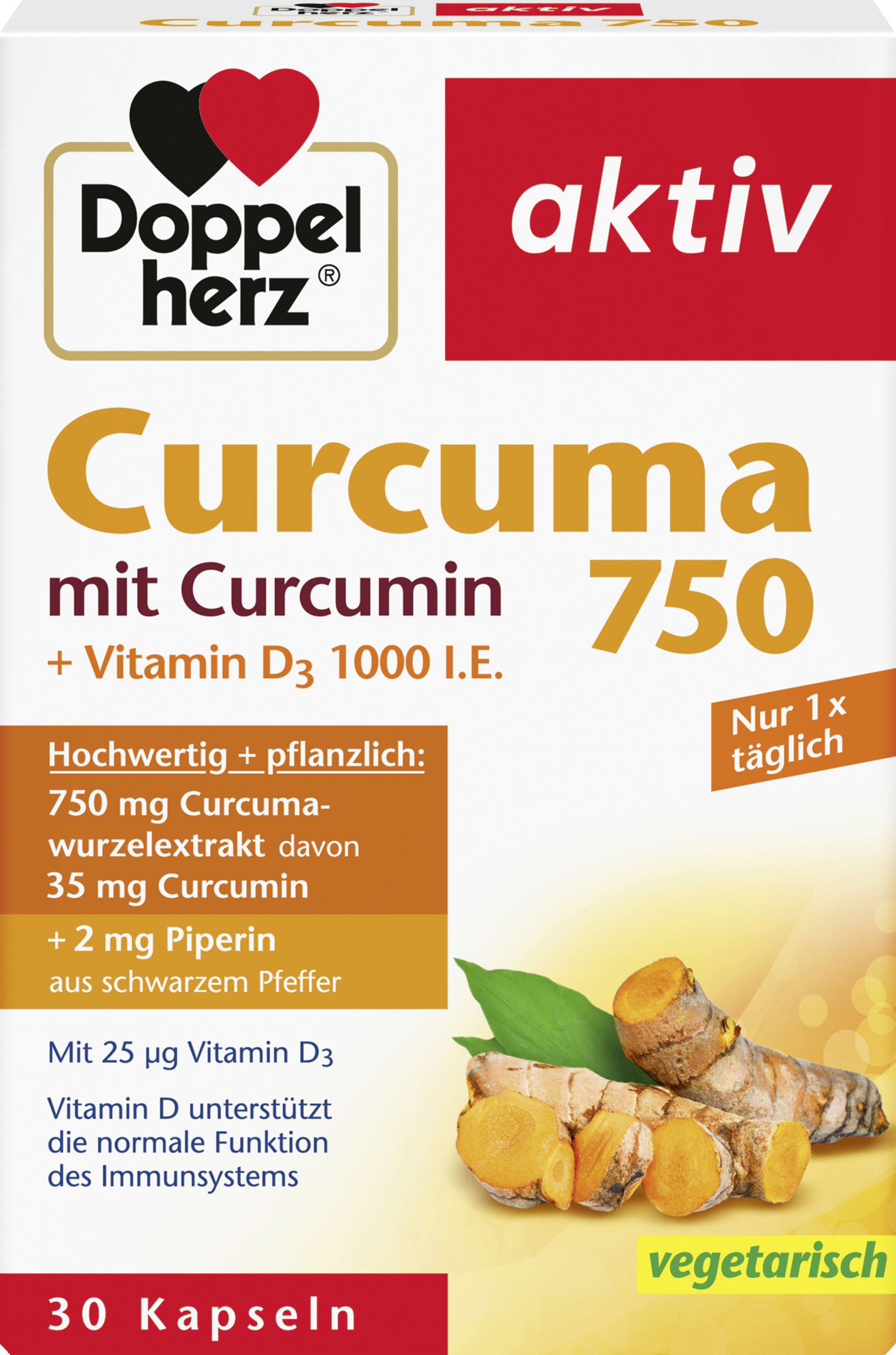 Doppelherz aktiv Curcuma 750 med curcumin + D3-vitamin 1000 I.E.