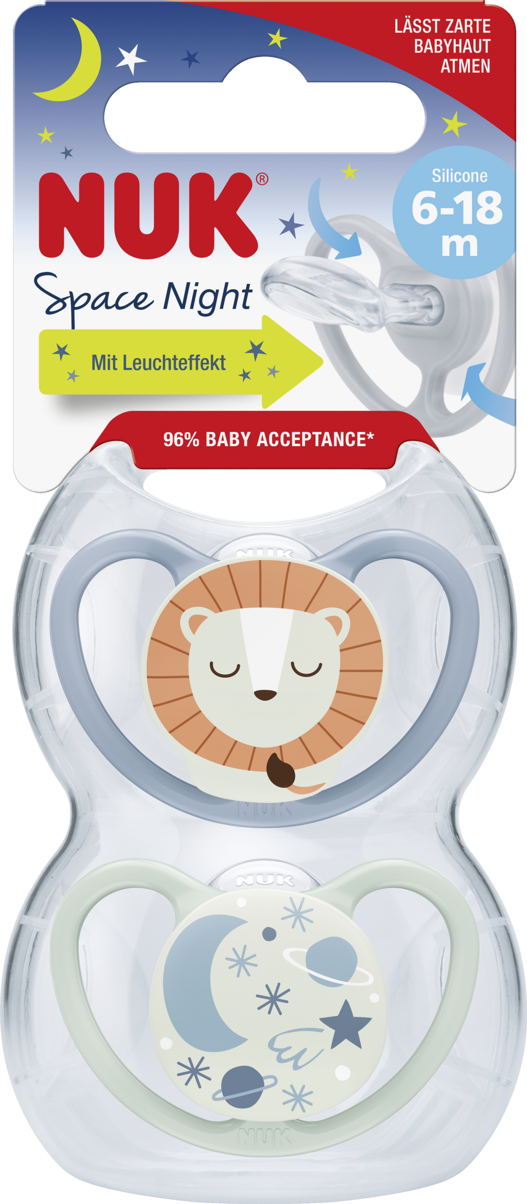 NUK Space Night silikonesut, blå & mintgrøn, 6-18 måneder