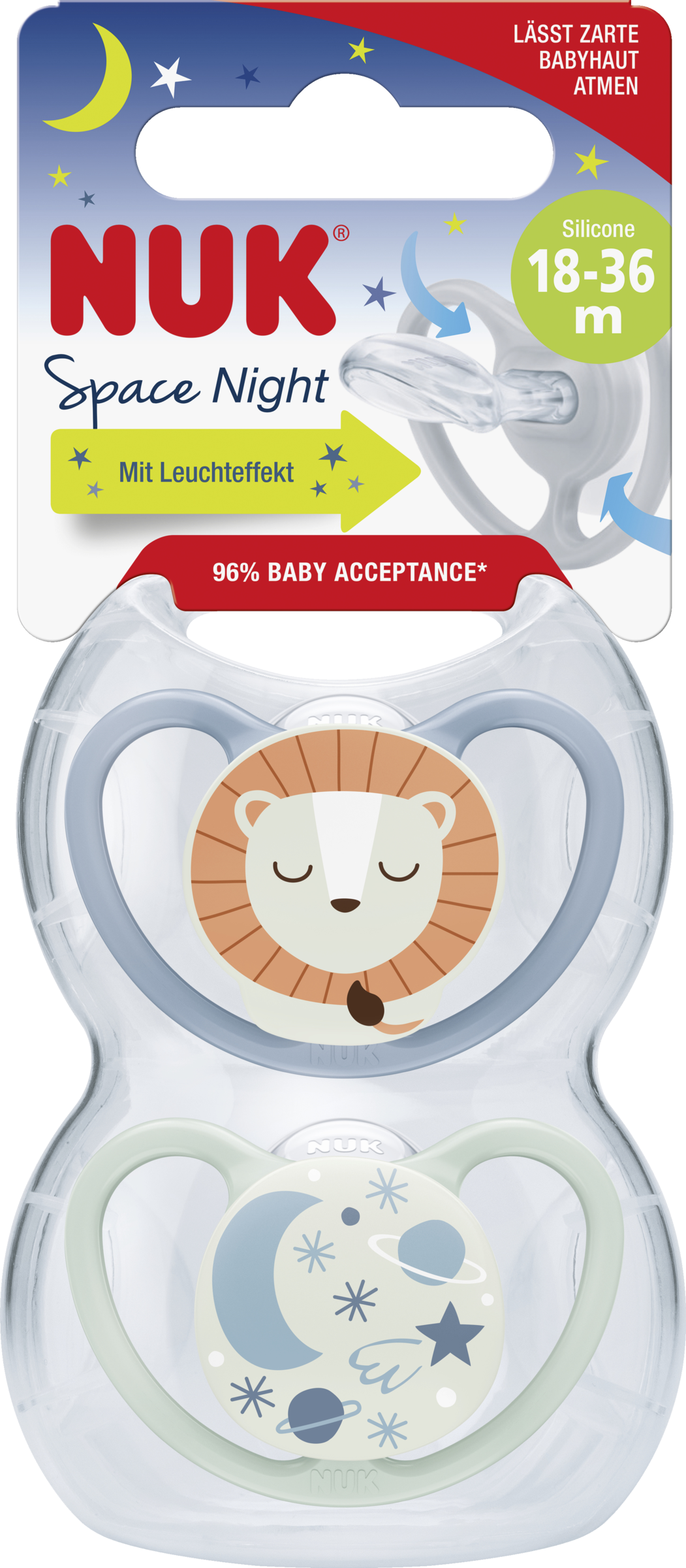 NUK Space Night silikonesut, blå & mintgrøn, 18-36 måneder