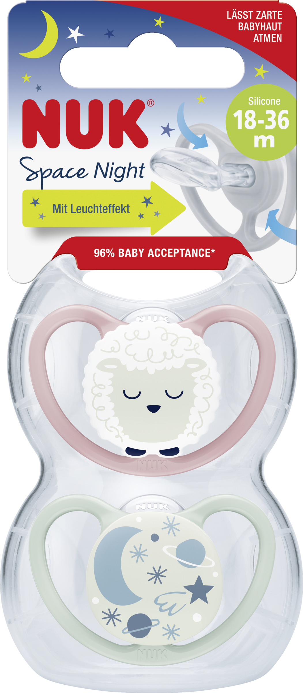 NUK Space Night silikonesut, rosa & mintgrøn, 18-36 måneder