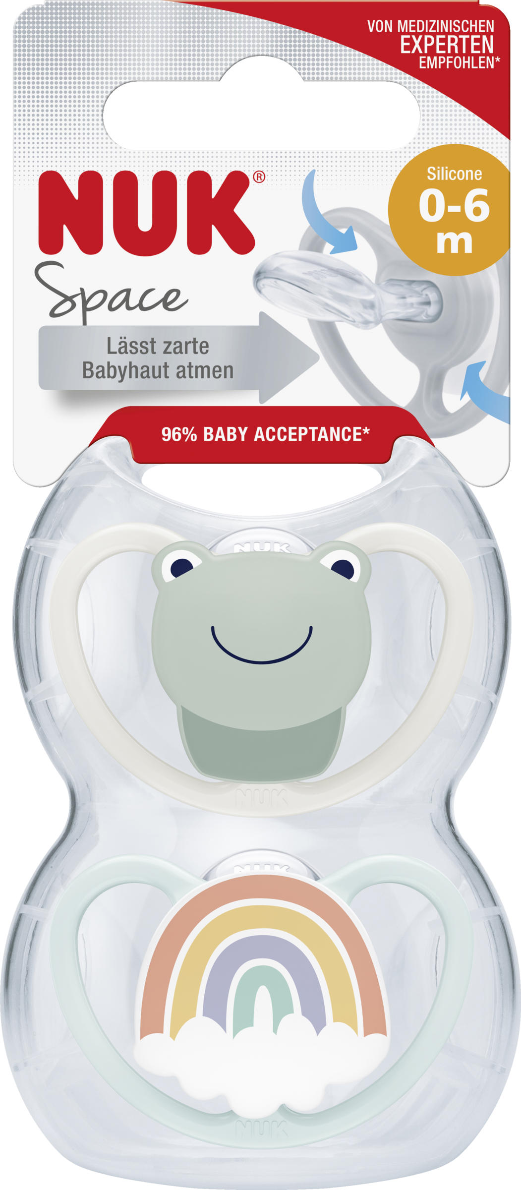 NUK Space silikonesut, frø og regnbue, 0-6 måneder