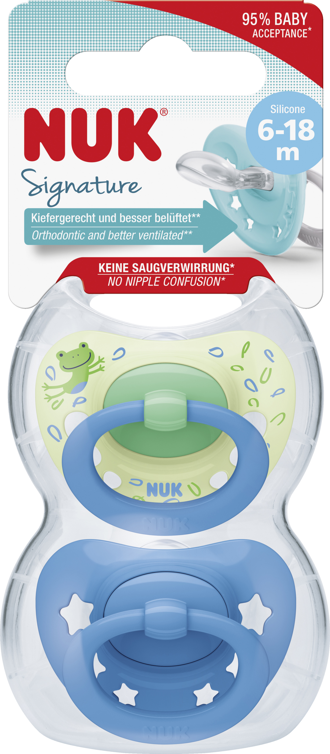 NUK Signature silikonesut, blå & grøn, 6-18 måneder