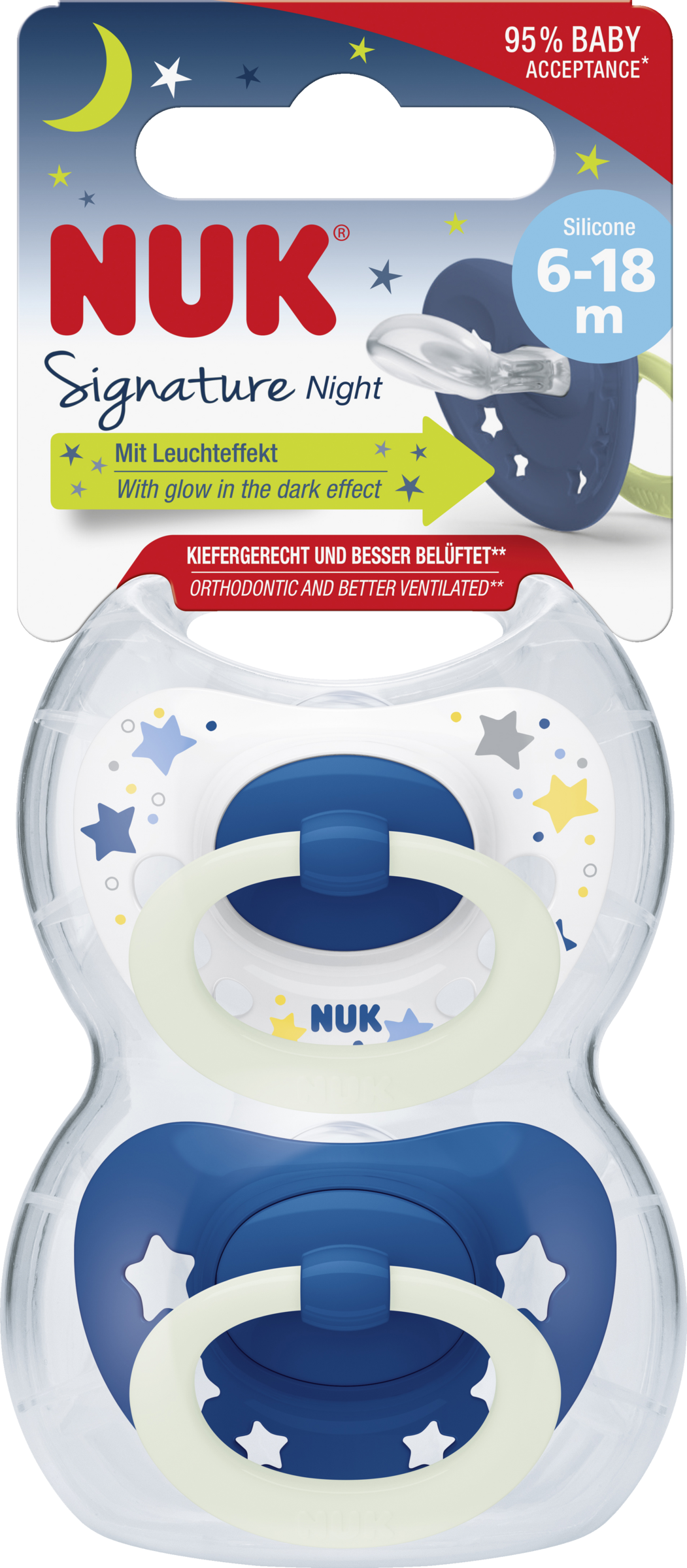 NUK Signature Night silikonesut, blå & hvid, 6-18 måneder
