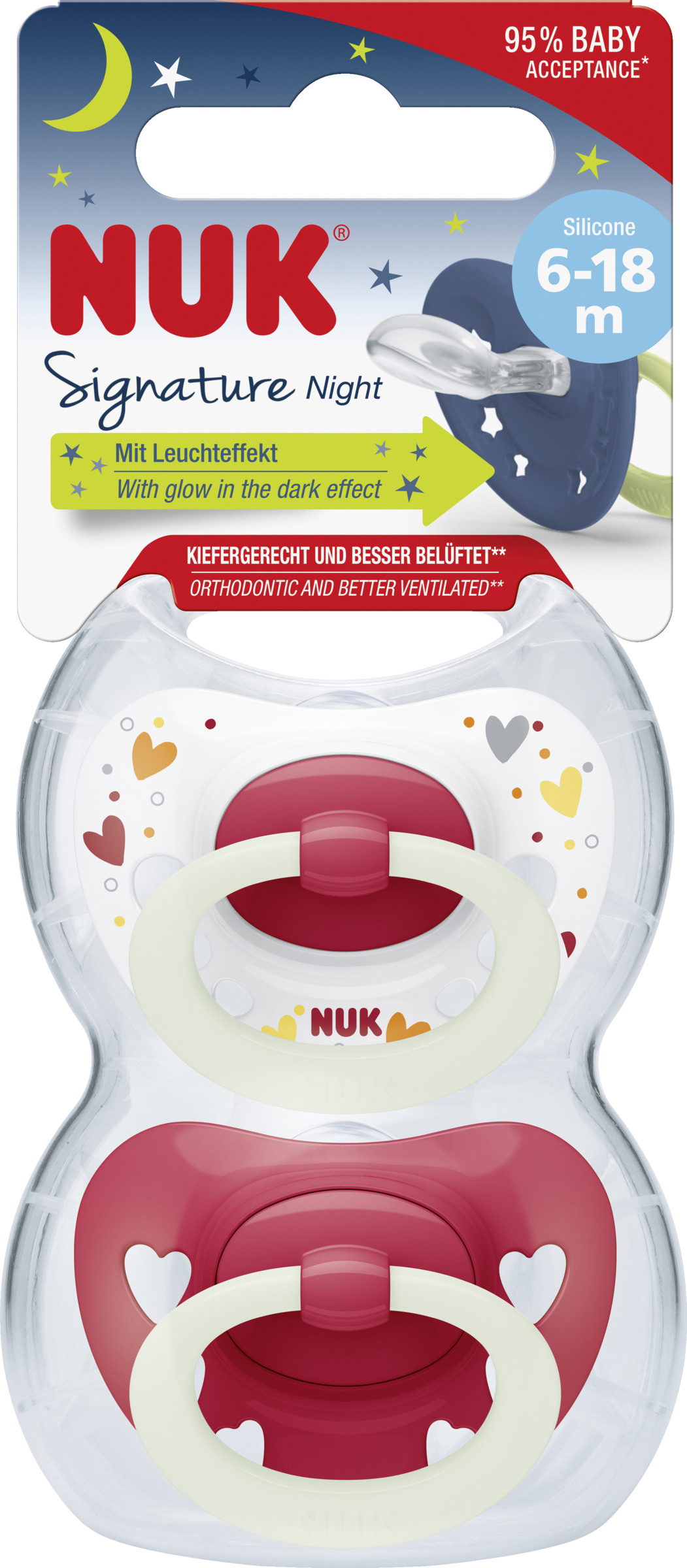 NUK Signature Night silikonesut, rød & hvid, 6-18 måneder