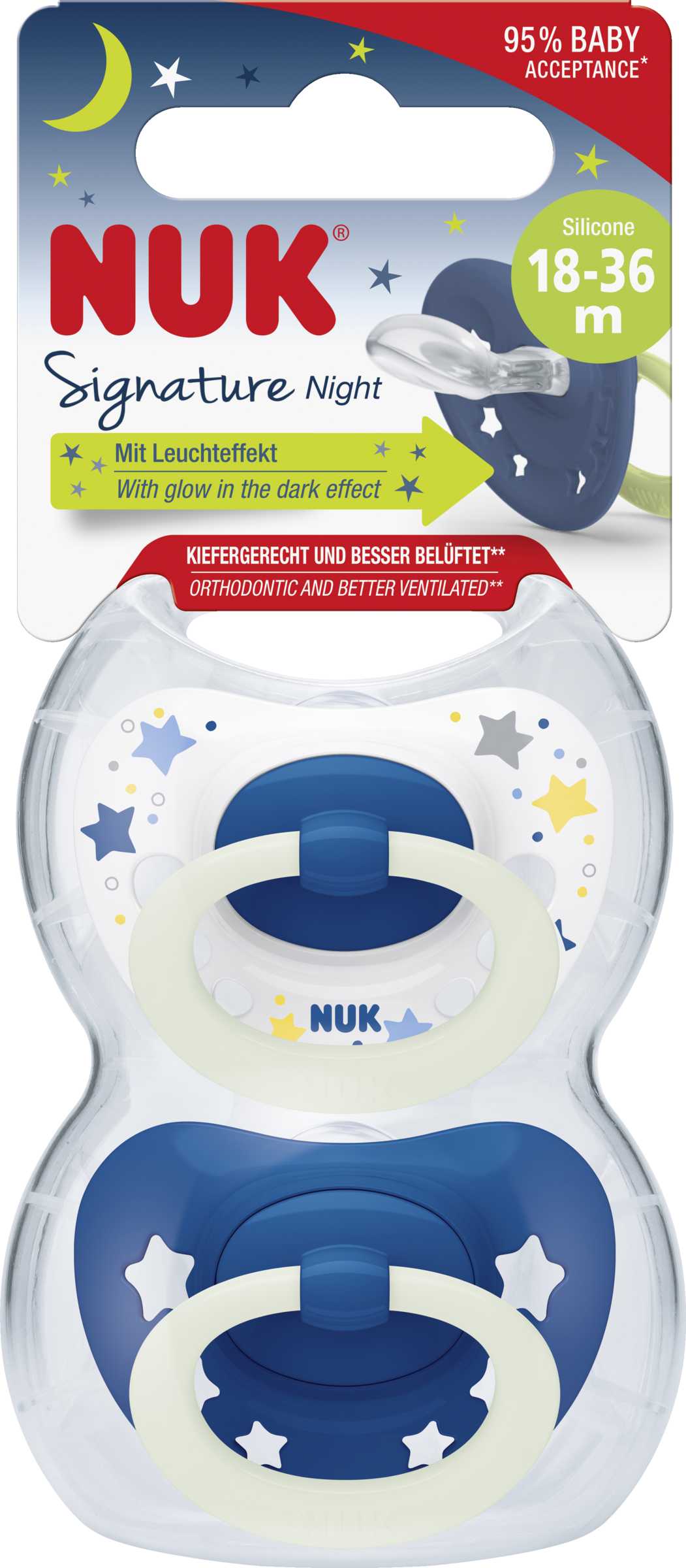 NUK Signature Night silikonesut, blå & hvid, 18-36 måneder