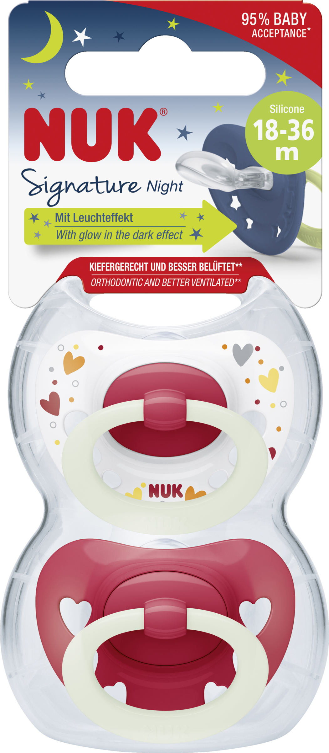 NUK Signature Night silikonesut, rød & hvid, 18-36 måneder