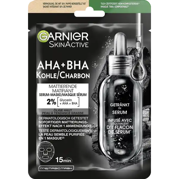 Garnier SkinActive AHA + BHA Charcoal Mattifying Serum Cloth Mask Køb ...