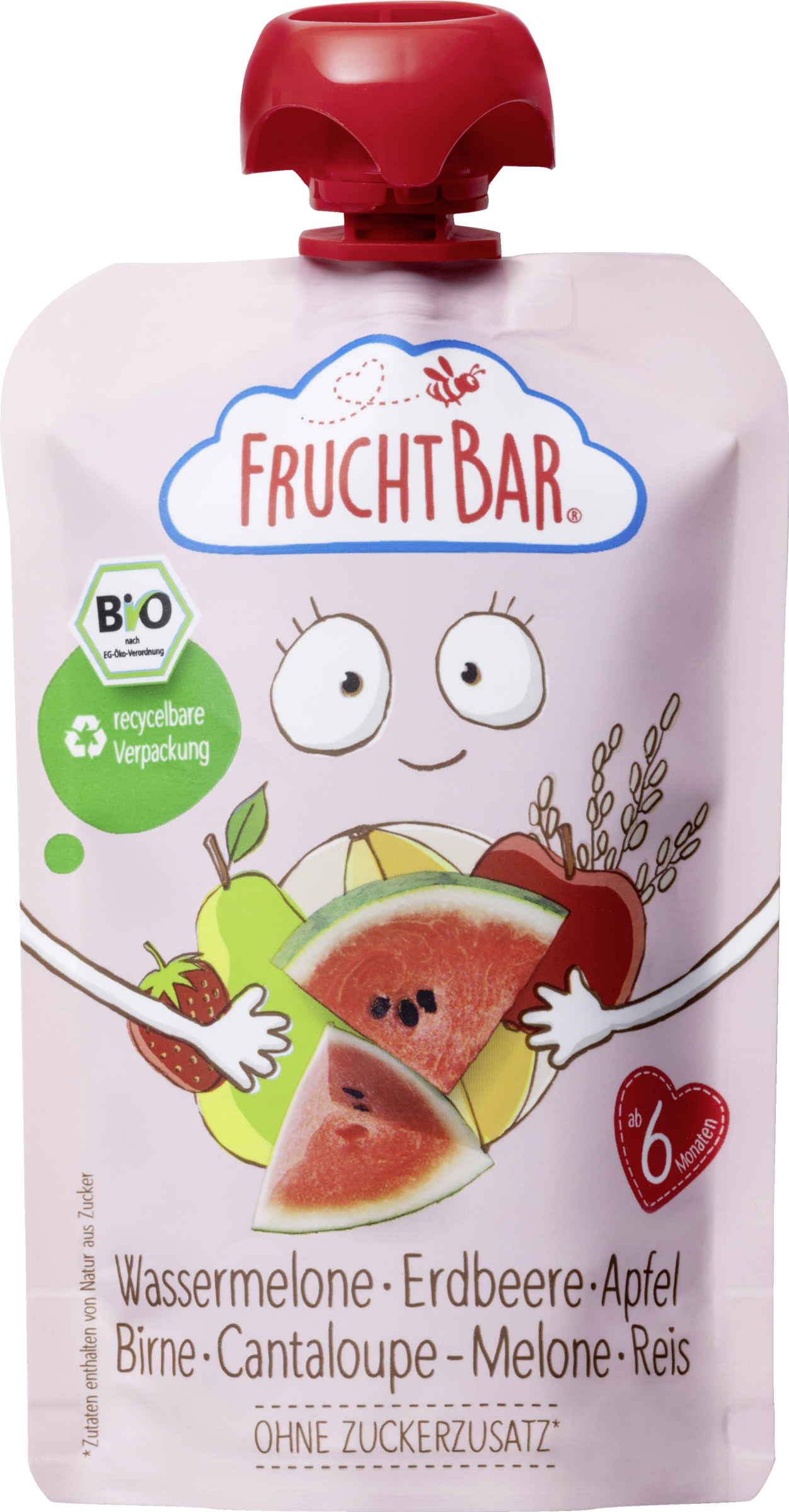 FruchtBar Økologisk frugtpuré vandmelon, jordbær, æble, pære, cantaloupemelon og ris