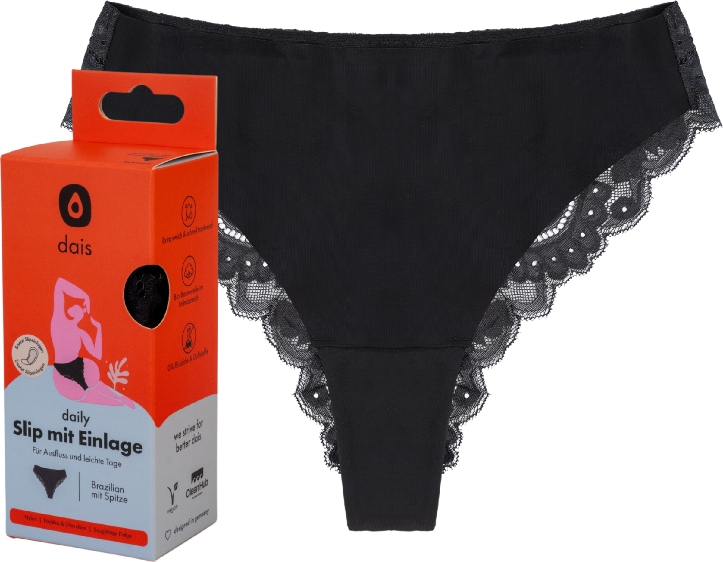 dais Menstruationsundertøj Brazilian med blonde str. L sort