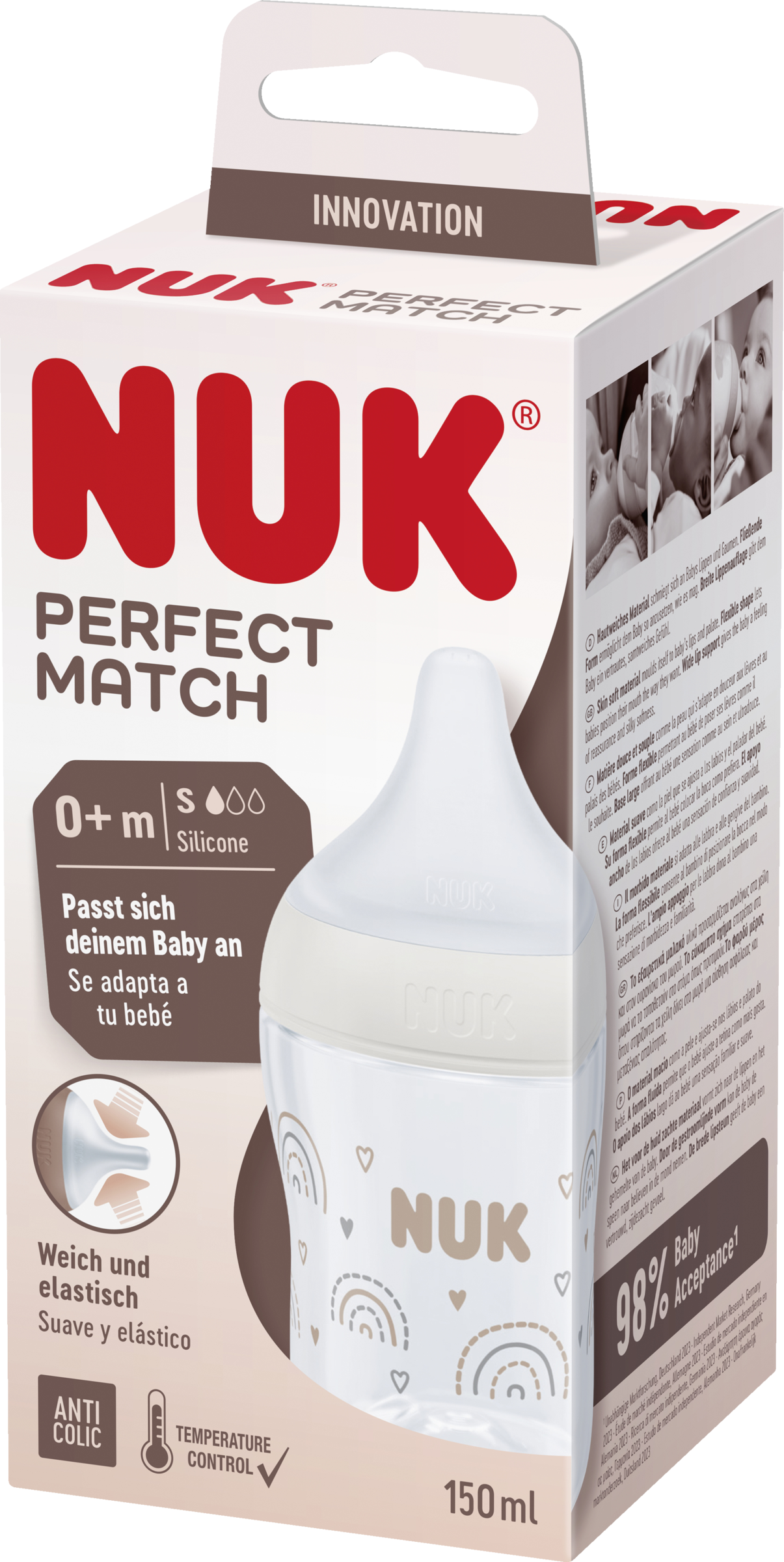NUK Perfect Match sutteflaske regnbue med temperaturkontrol, fra 0 måneder, 150 ml