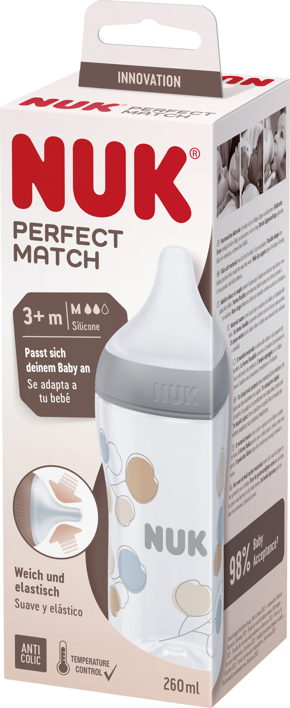 NUK Perfect Match sutteflaske grene med temperaturkontrol, fra 3 måneder, 260 ml