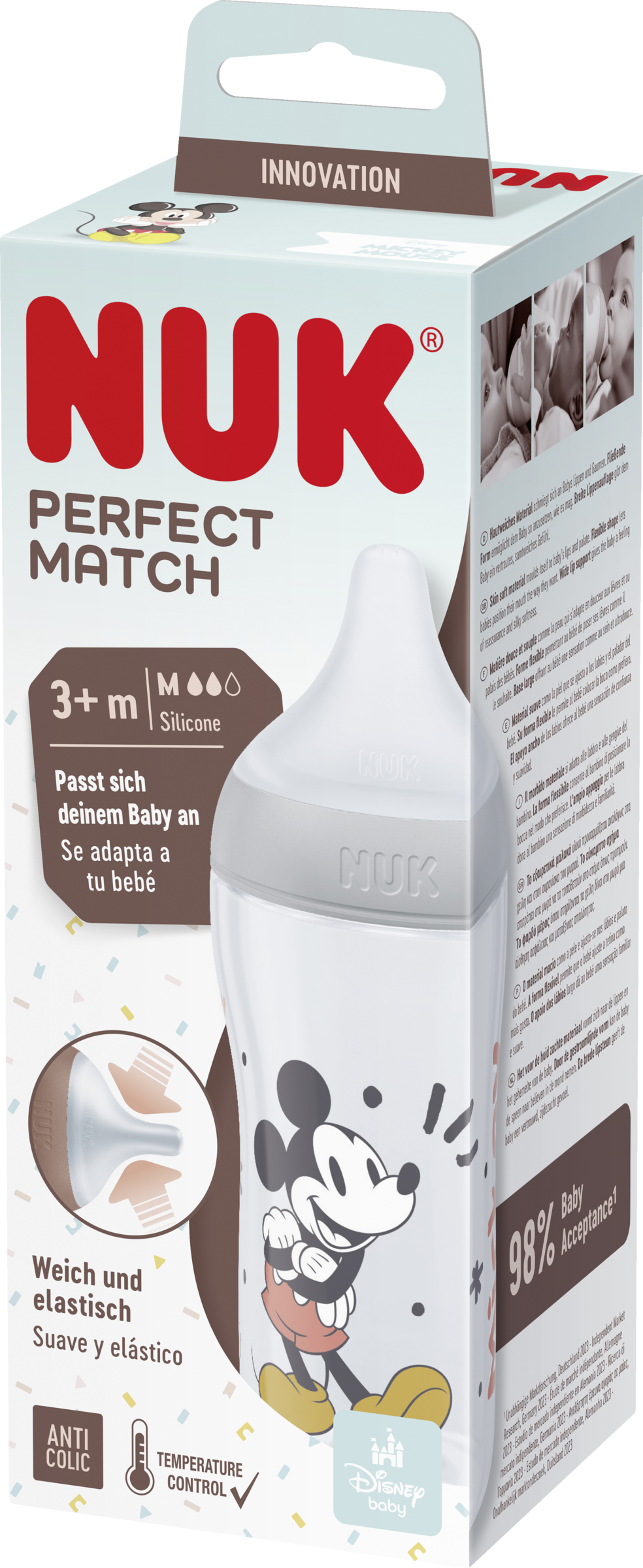 NUK Perfect Match sutteflaske Mickey Mouse med temperaturkontrol, fra 3 måneder, 260 ml