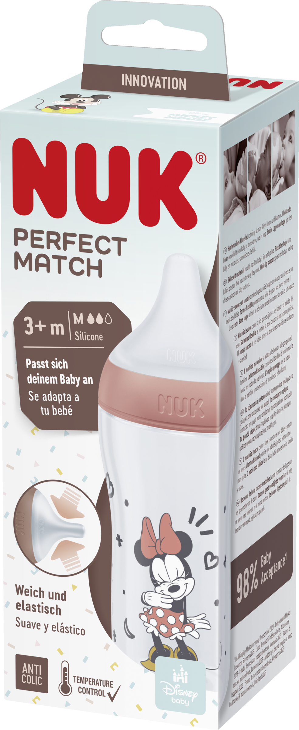 NUK Perfect Match sutteflaske Minnie Mouse med temperaturkontrol, fra 3 måneder, 260 ml