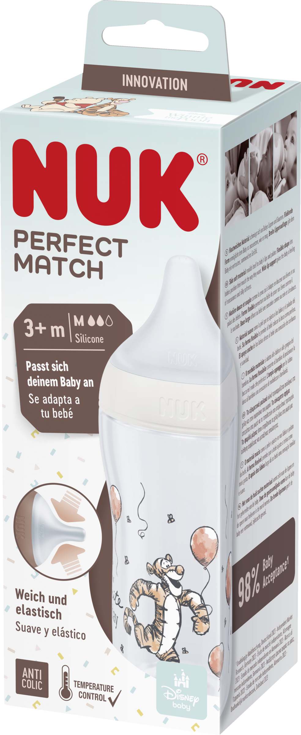 NUK Perfect Match sutteflaske Tigerdyr med temperaturkontrol, fra 3 måneder, 260 ml