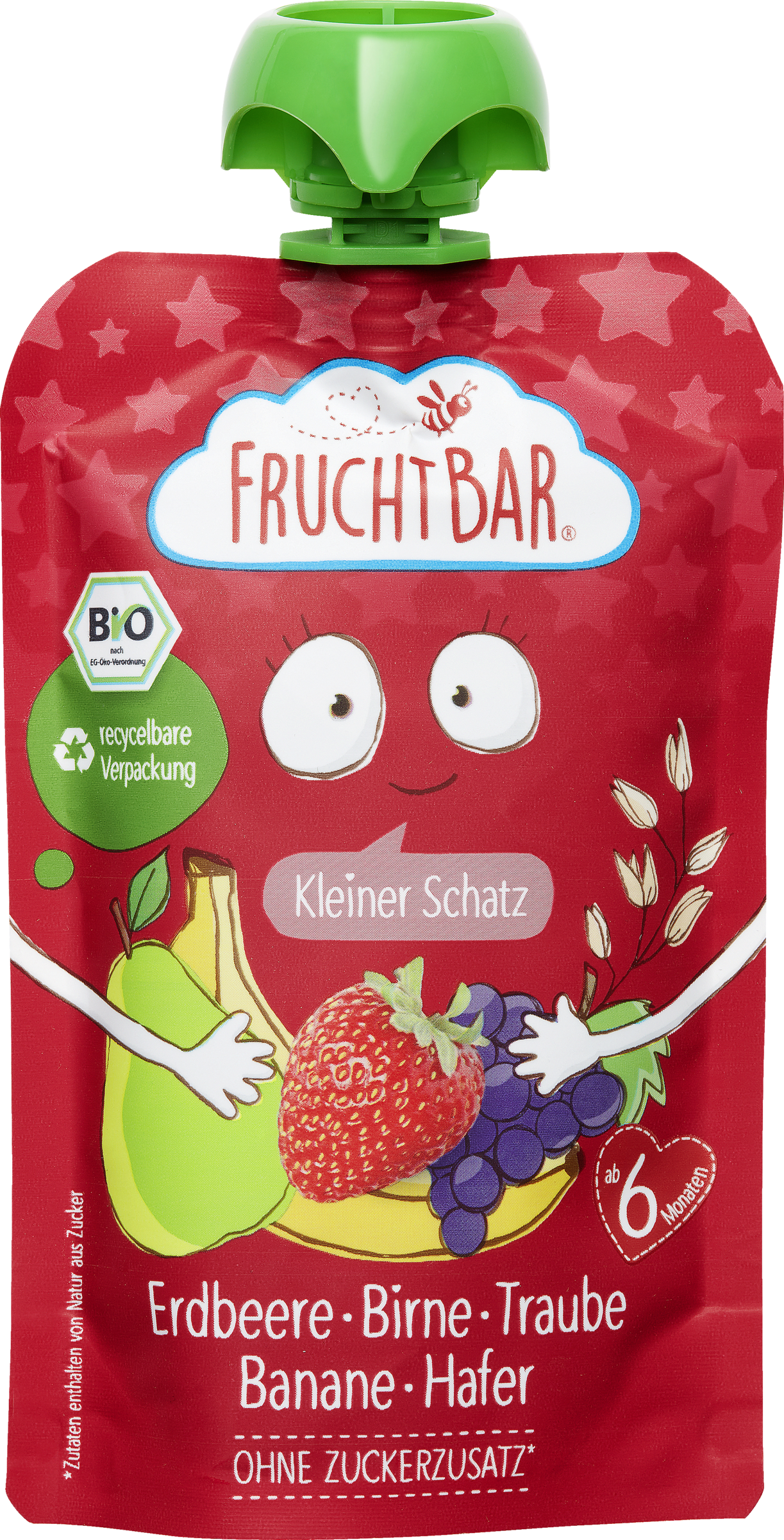 FruchtBar Økologisk frugtpuré med jordbær, pære, drue, banan og havre