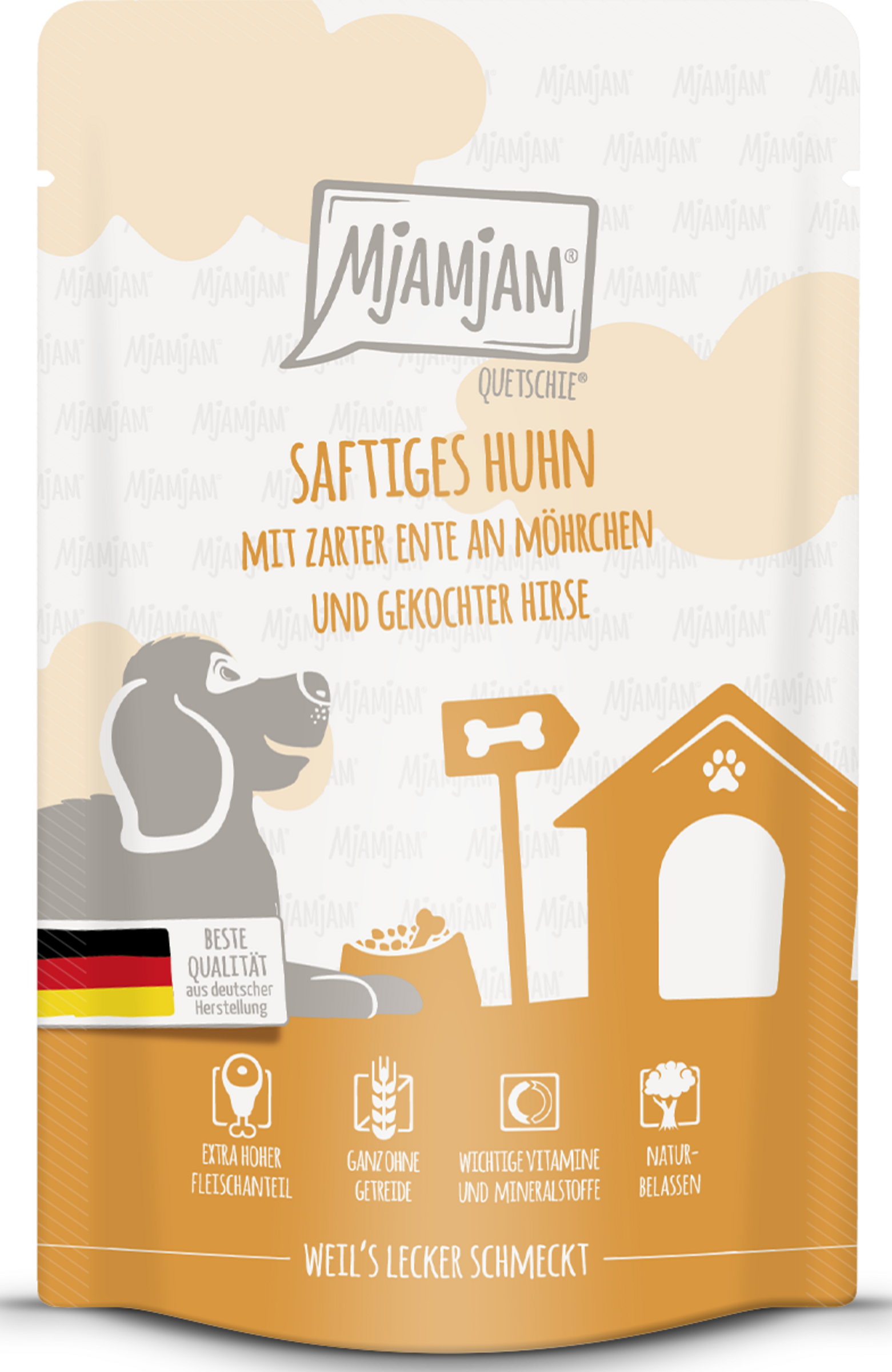 MjAMjAM Mos - saftige kyllingestykker med fin and, gulerødder og kogt hirse