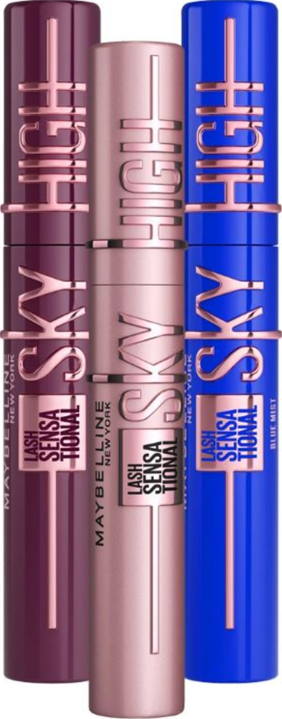 Maybelline New York Lash Sensational Sky High Very Black, Blue Mist + Burgundy Haze pakke med 3 styk