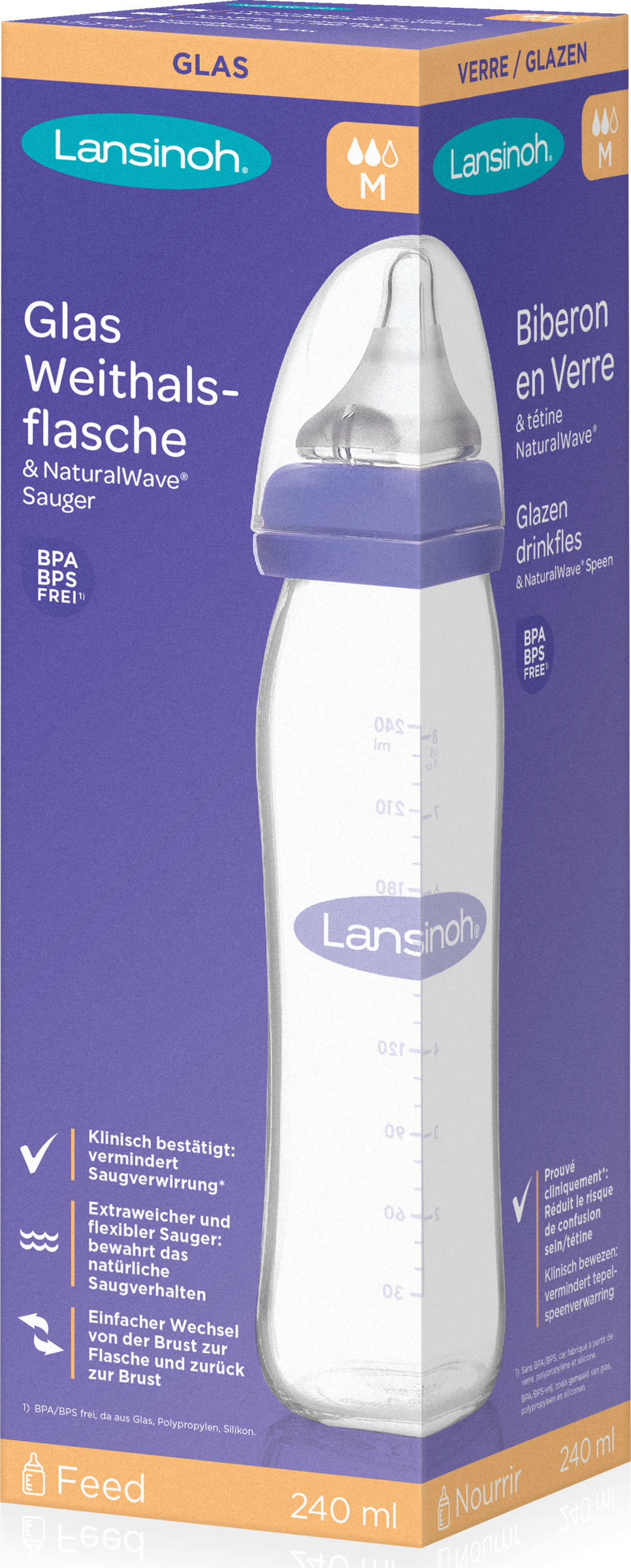 Lansinoh NaturalWave® glasflaske med bred hals 240 ml str. M
