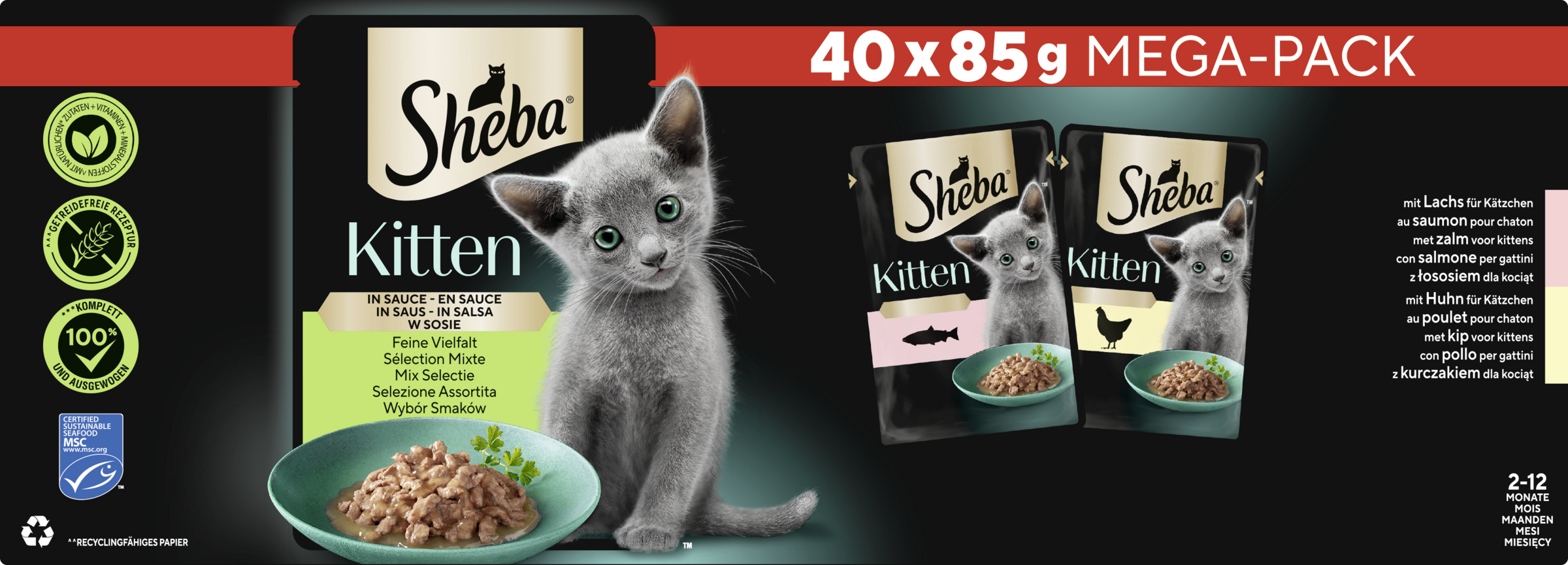 Sheba Kitten Multipack fint udvalg i sauce med laks, med kylling
