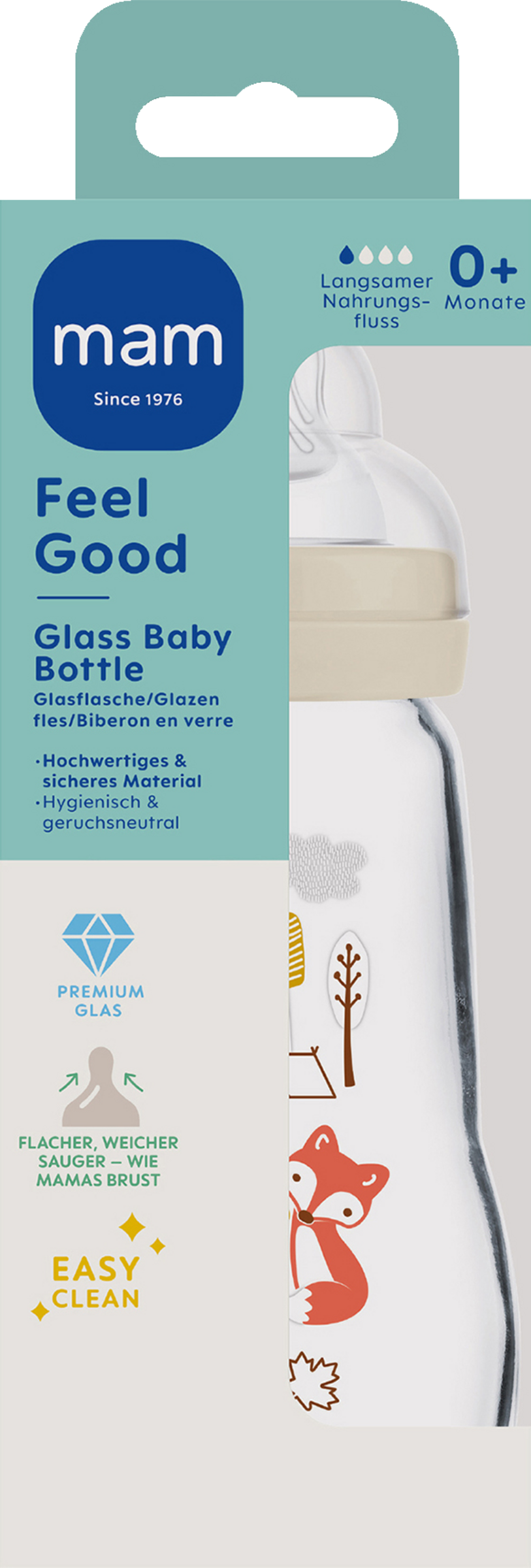 MAM Feel Good Glass Bottle 260 ml 0+ måneder kanin og ræv