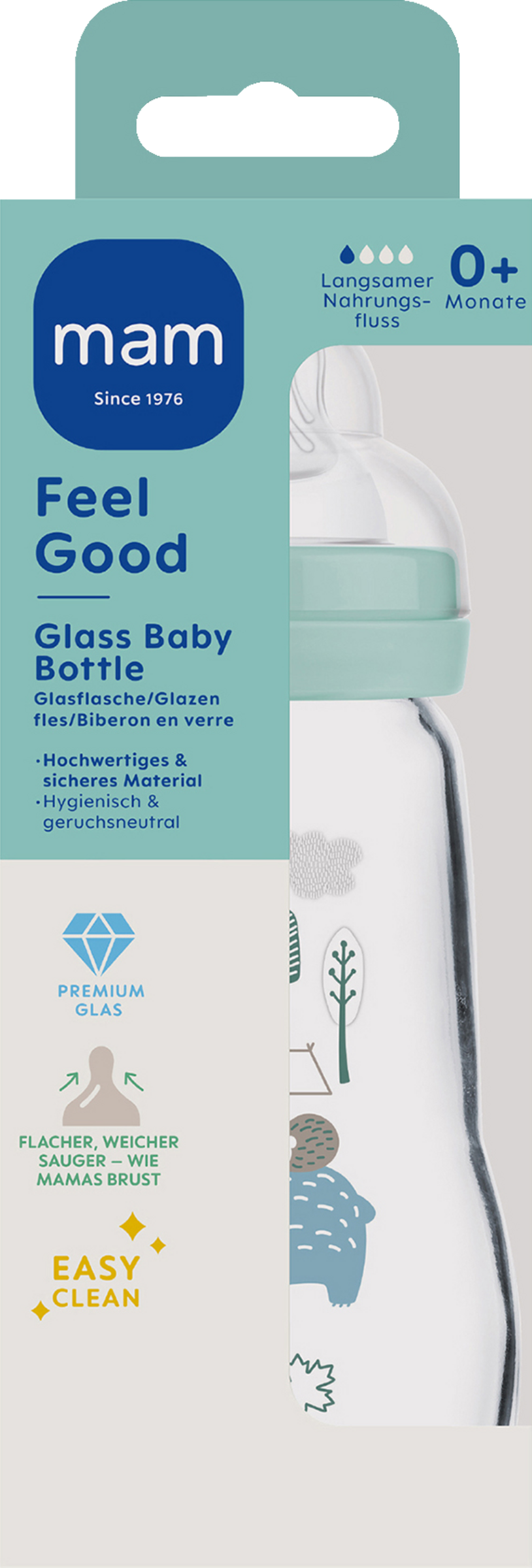 MAM Feel Good Glass Bottle 260 ml 0+ måneder bjørn og pindsvin