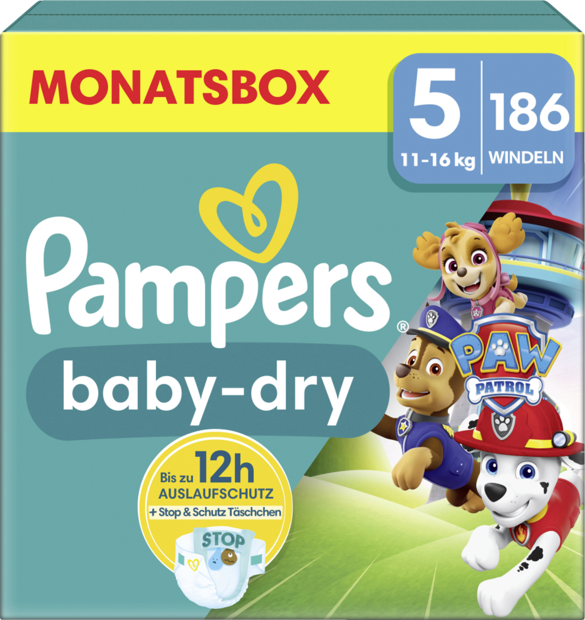 Pampers Baby dry bleer str. 5 junior (11-16 kg) månedskasse Paw Patrol