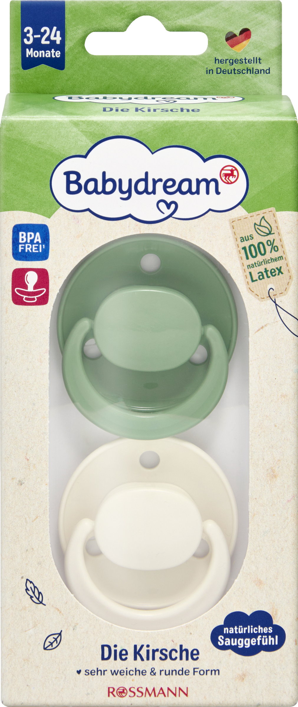 Babydream Sut, kirsebærret, latex, grøn og beige, 3-24 måneder