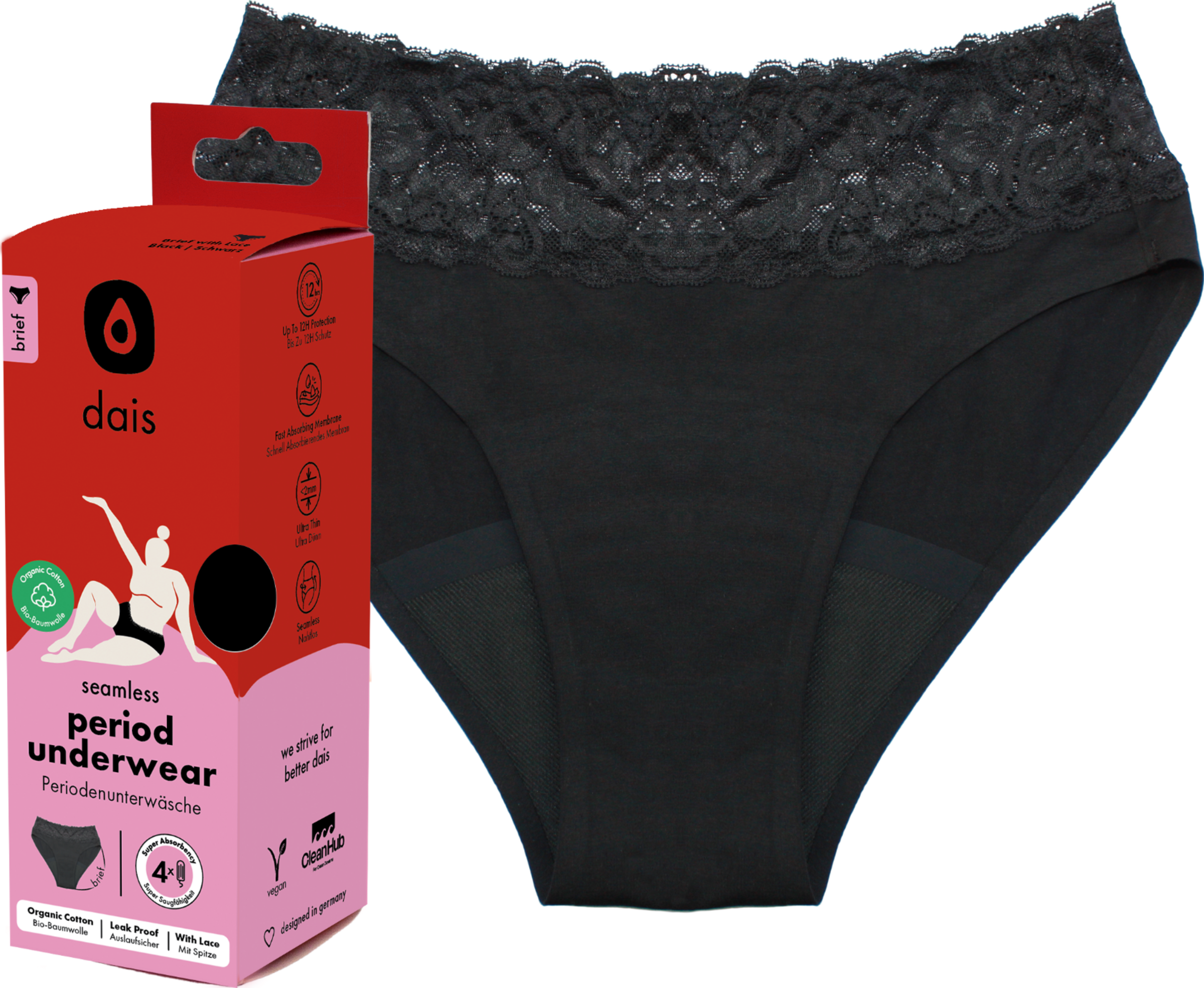 dais Menstruationsundertøj trusser med blonder str. M sort