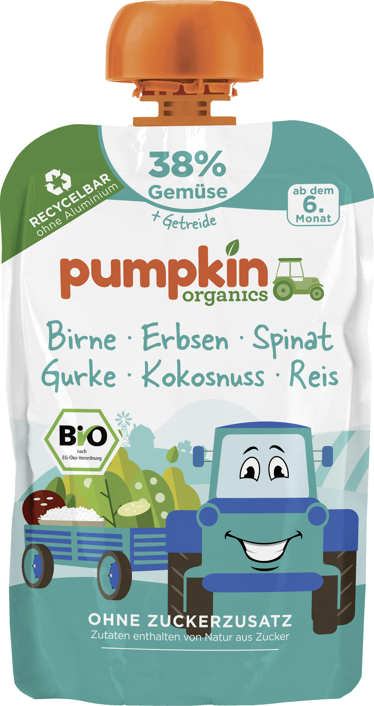 Pumpkin Organics Økologisk puré med pære, ærter, spinat, agurk, kokos og ris