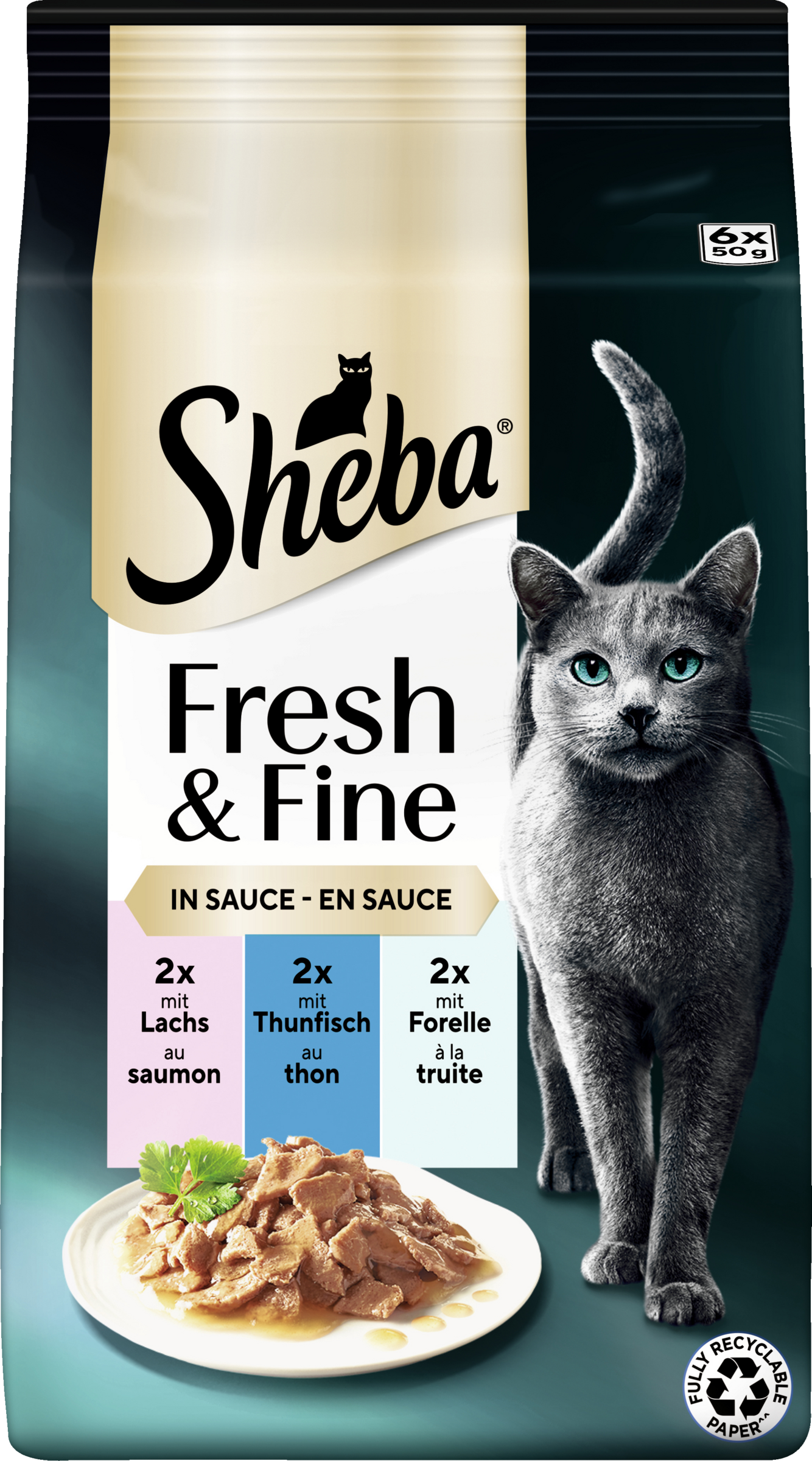 Sheba Fresh & Fine portionspose laks, tun og forel i sauce