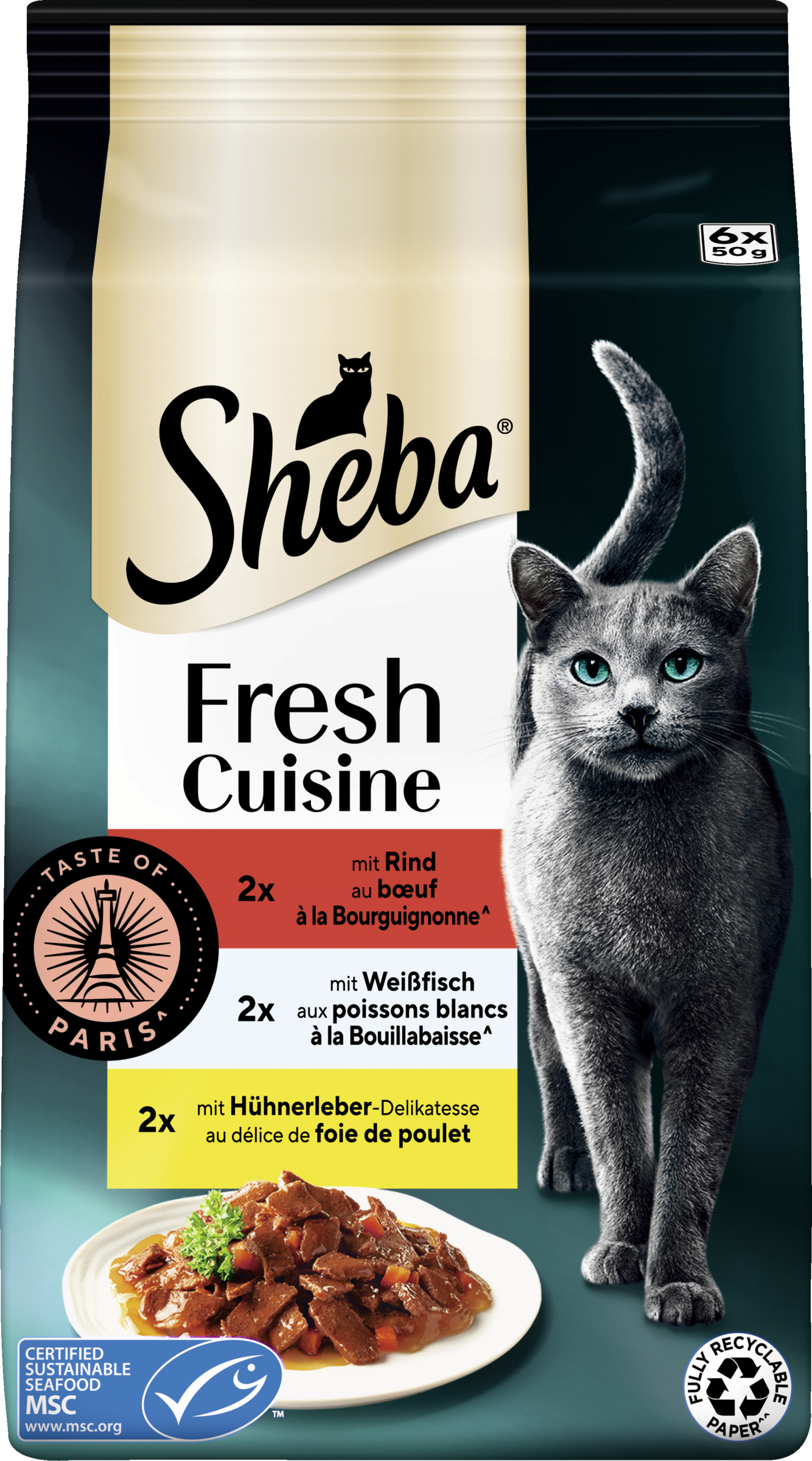 Sheba Fresh Cuisine Taste of Paris Multipack portionspose oksekød hvid fisk MSC kyllingelever