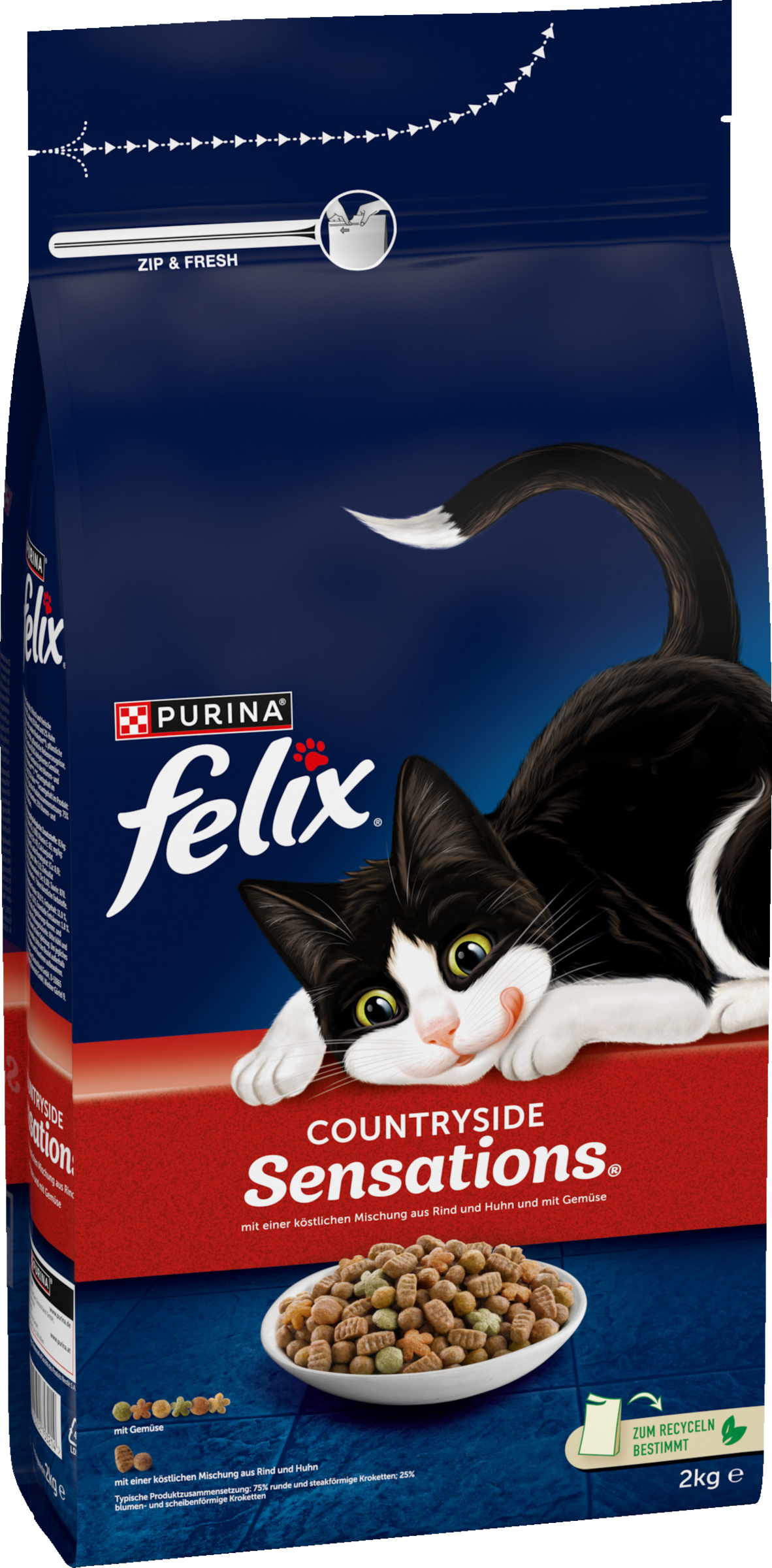 Felix Countryside Sensations® med en lækker blanding af oksekød og kylling og grøntsager, til katte