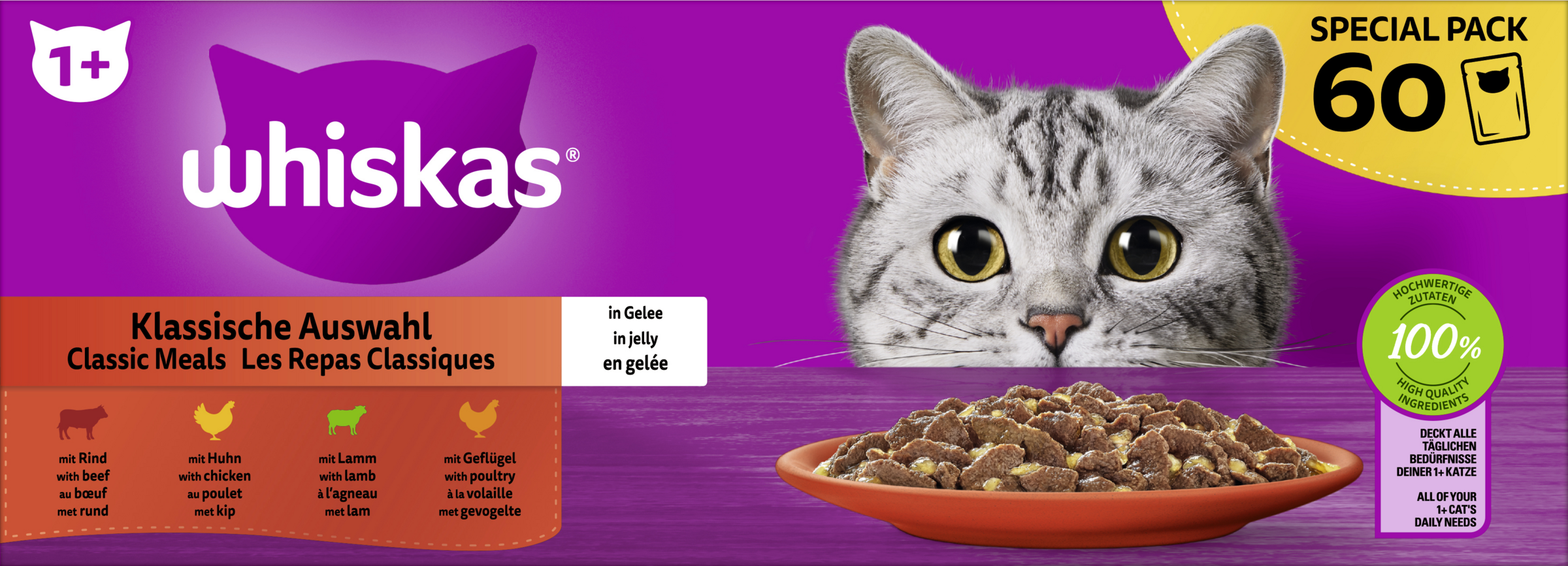 Whiskas Klassisk udvalg af portionsposer med oksekød, kylling, lam og fjerkræ i gelé-multipack