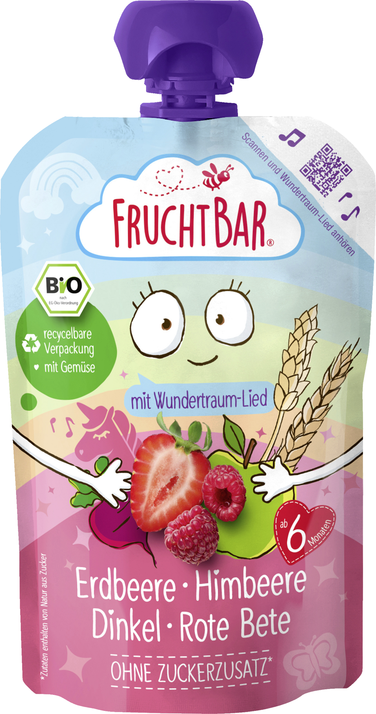 FruchtBar Bio frugtpuré med jordbær, hindbær, spelt og rødbede