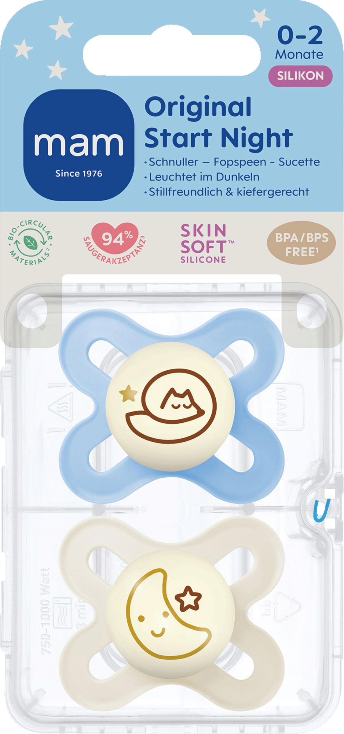 MAM Sutter Start Night Silikone, 0-2 måneder, blå