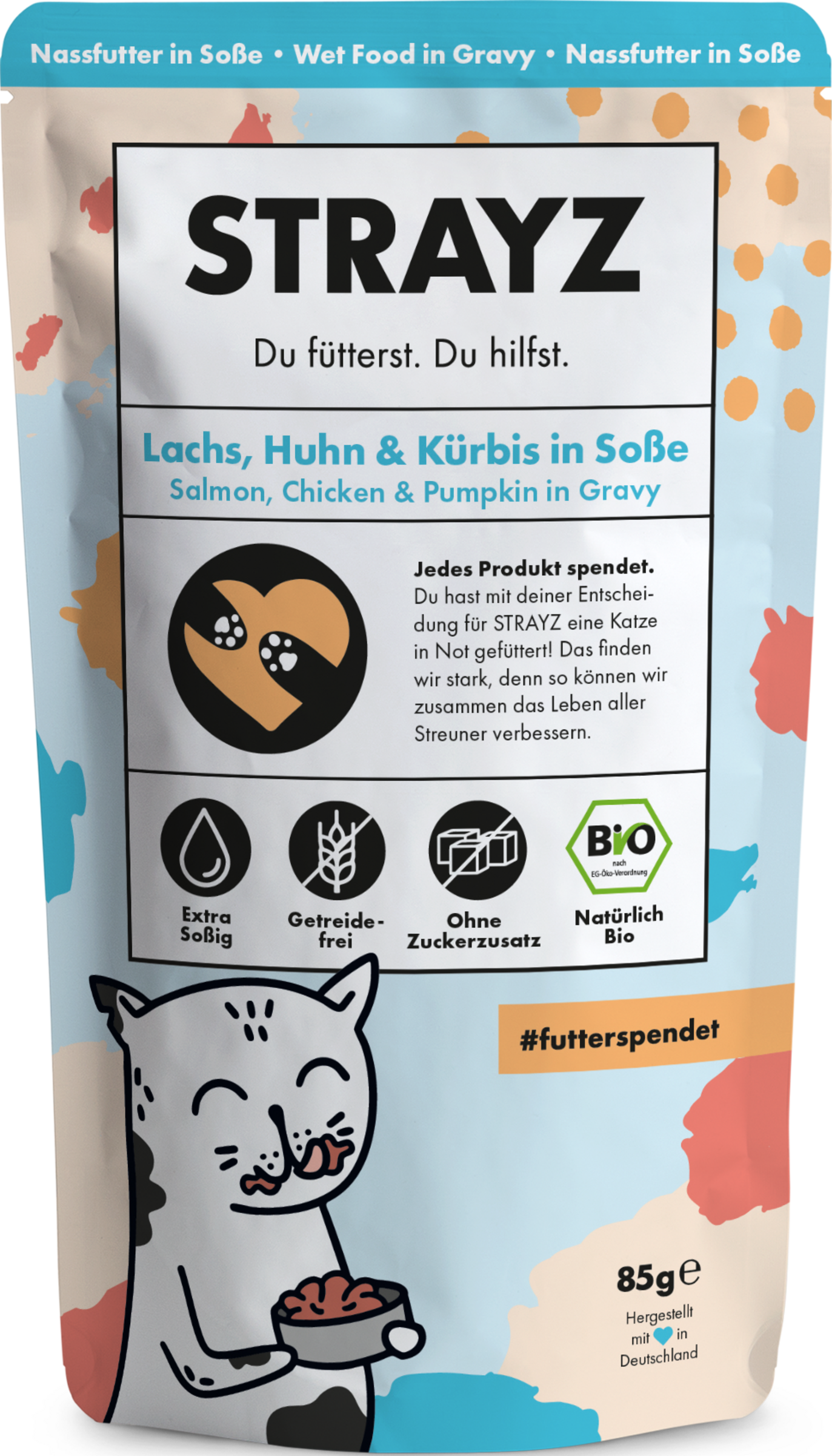 STRAYZ Bio vådfoder med laks, kylling og græskar i sauce