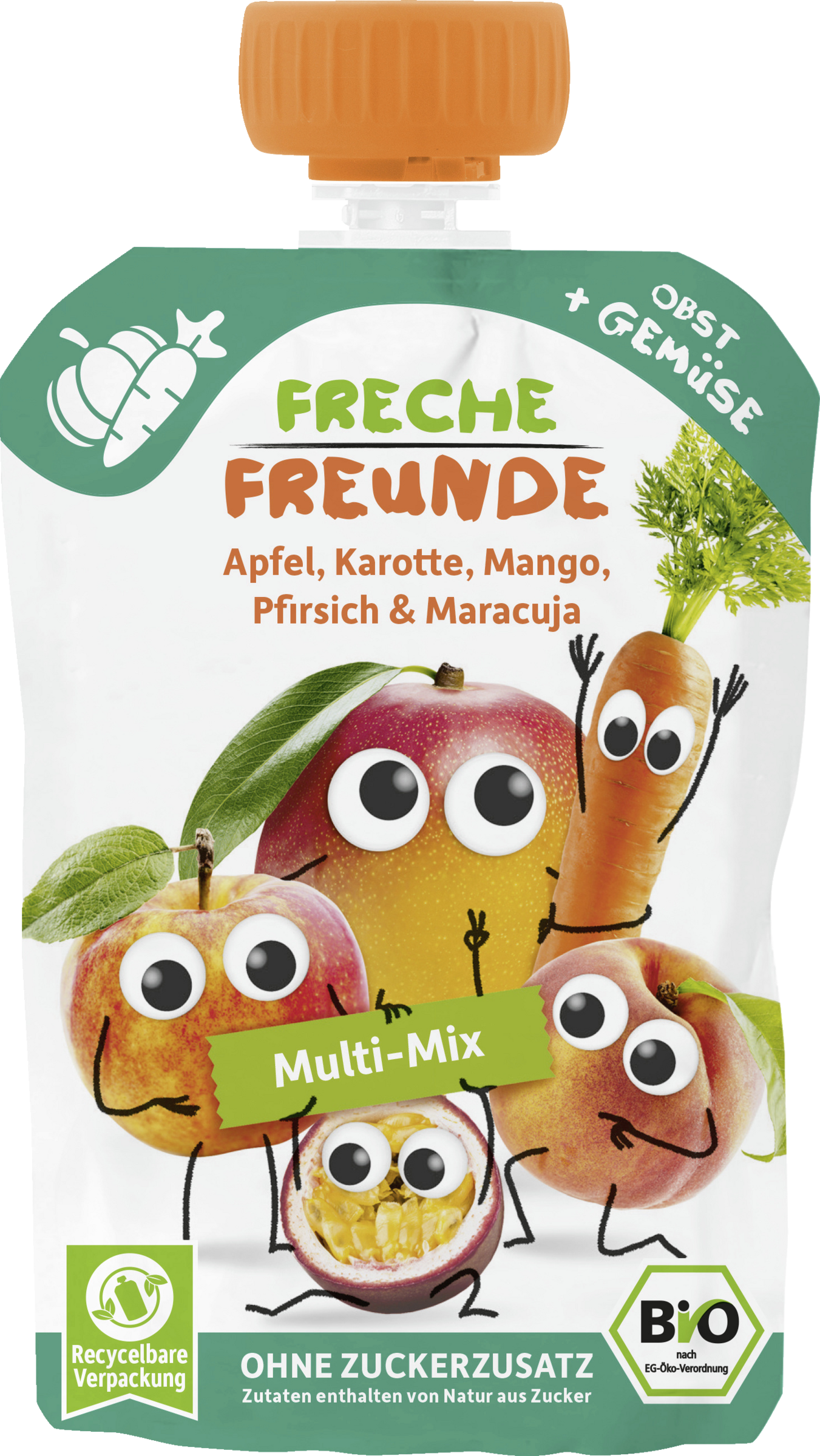 Freche Freunde Økologisk Multi-mix Æble, mango, fersken, passionsfrugt med gulerod i klemmepose