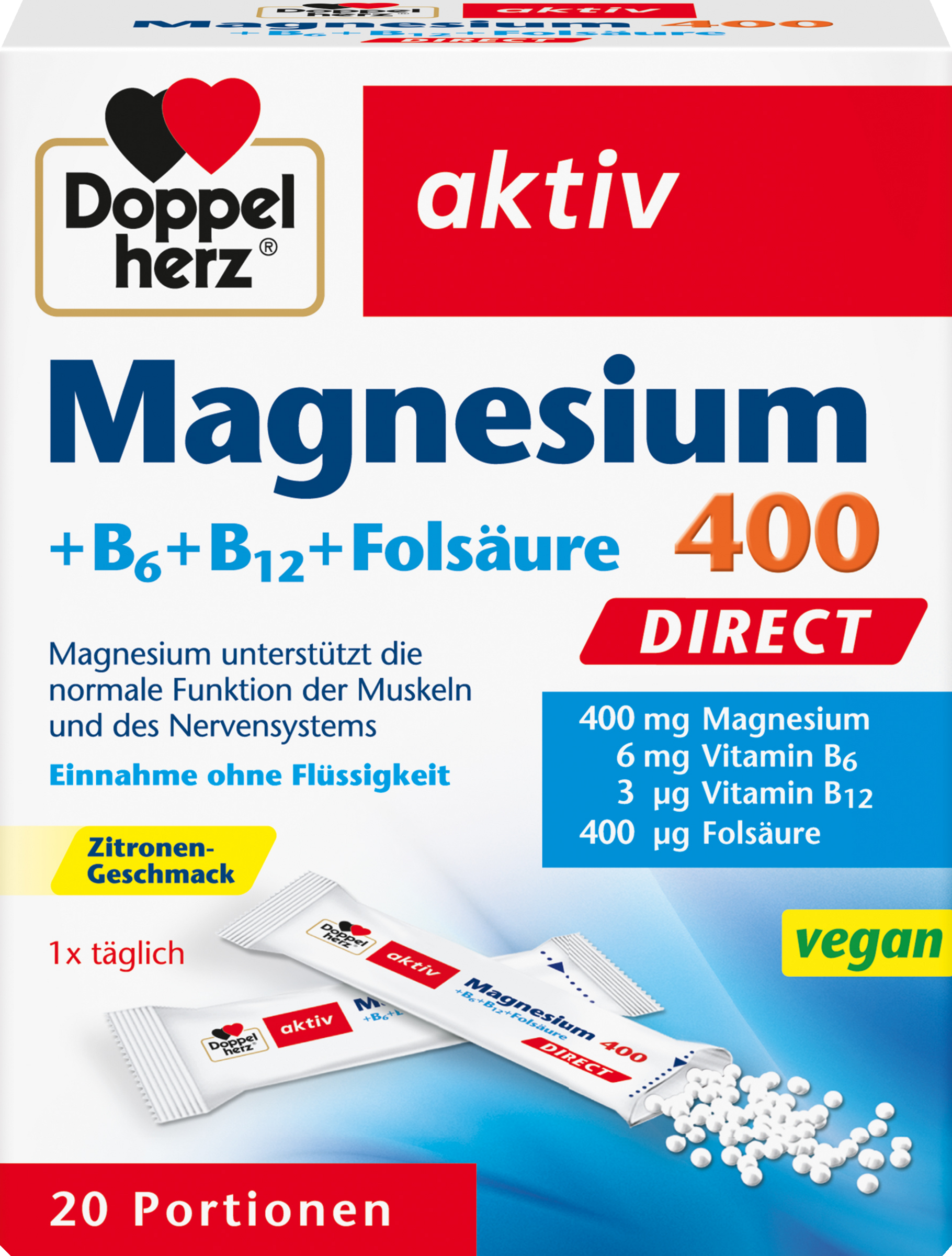 Doppelherz aktiv Magnesium 400 Direct + B6 + B12 + Folsyre