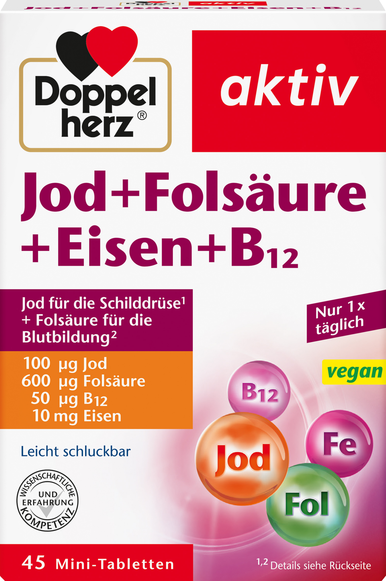 Doppelherz Aktiv jod + folinsyre + jern + B12 45 mini-tabletter