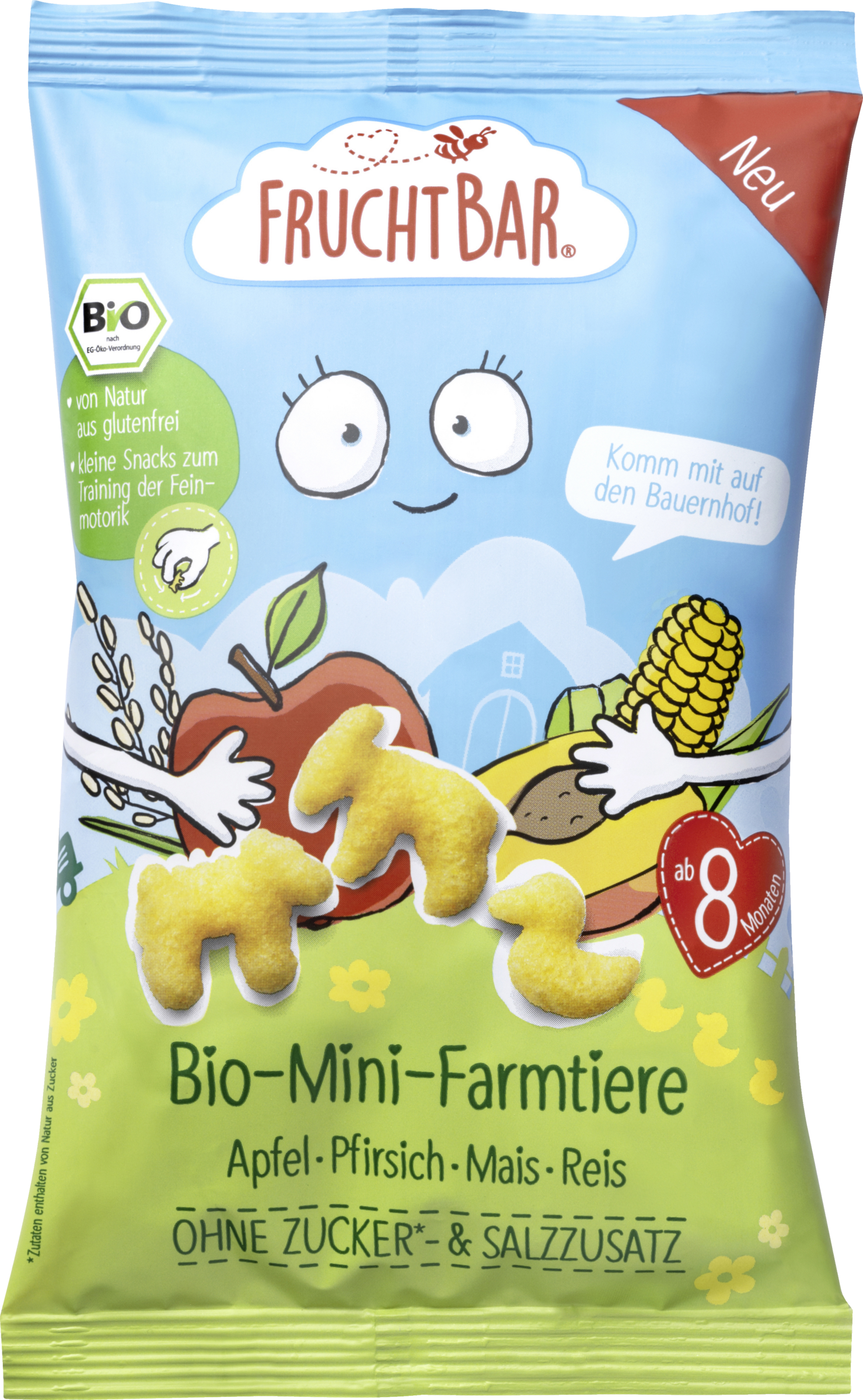 FruchtBar Øko mini-bondegårdsdyr æble fersken majs ris