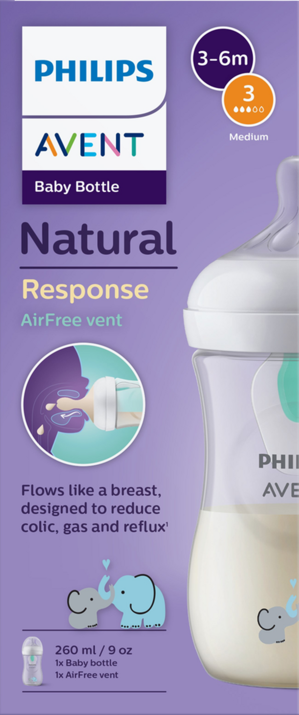 PHILIPS AVENT Natural Response babyflaske med AirFree-ventil SCY673/81, 1M+ 260 ml