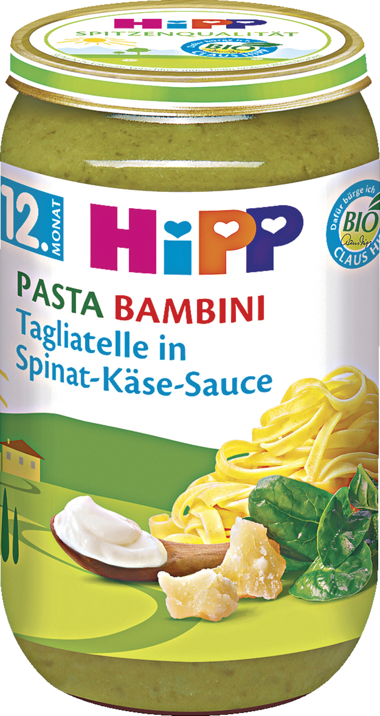 HiPP Økologisk ret med pasta bambini tagliatelle i spinat-oste-sauce