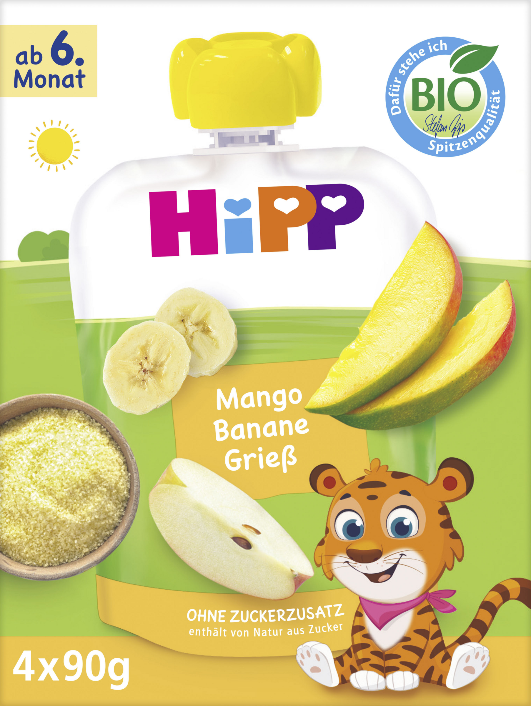 HiPP Øko frugthavregrød (4x90g) mango, fersken og banan med havre