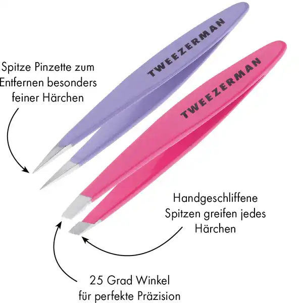 Tweezerman Mini Slant & Point Tweezer Set - skrå og spidse minipincetter,  Pink & Lilac Køb online