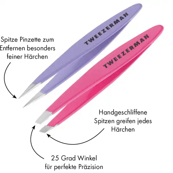 Tweezerman Mini Slant & Point Tweezer Set - skrå og spidse minipincetter,  Pink & Lilac Køb online