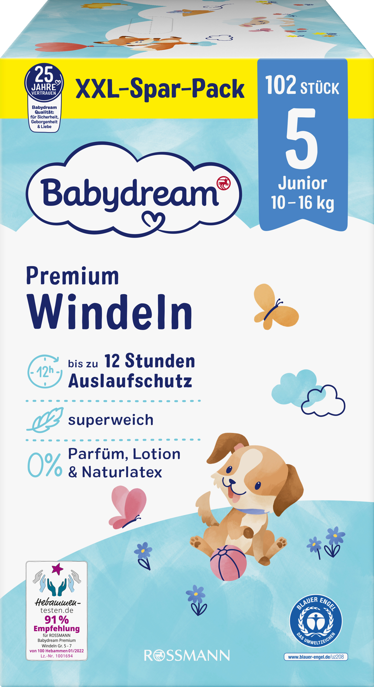 Babydream Premium bleer størrelse 5 Junior, 102 stk., 10-16 kg